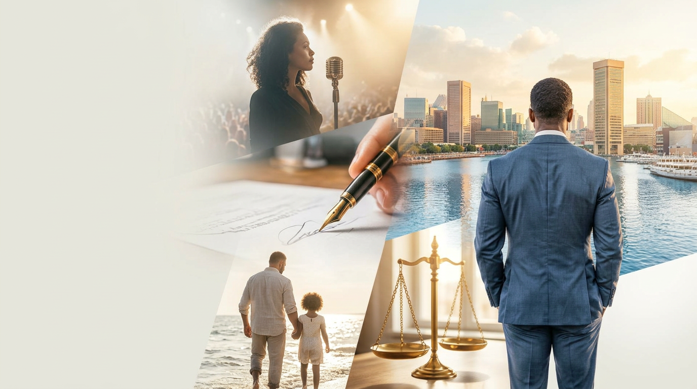 Editorial montage of a suited attorney overlooking the Baltimore Inner Harbor, with a singer in stage light, a signed contract, a parent and child, and scales of justice
